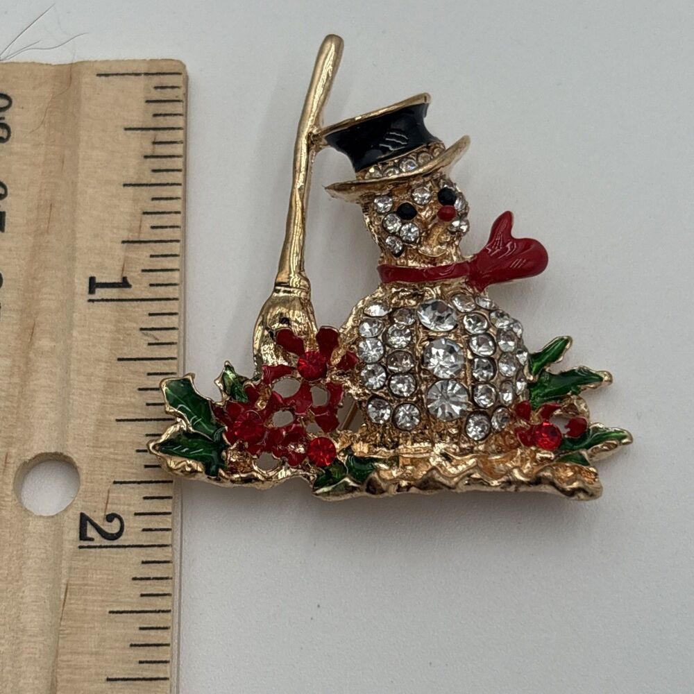 Vintage Rhinestone Enamel Christmas Snowman Holiday Brooch Pin, 2" Pointsetta